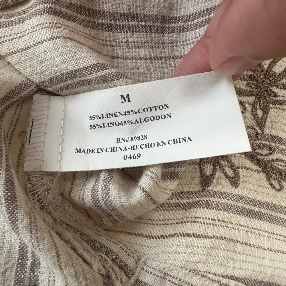 Cappagallo Linen Blend Button Down Shirt Striped Embroidered Short Sleeve Medium Tan - Image 6