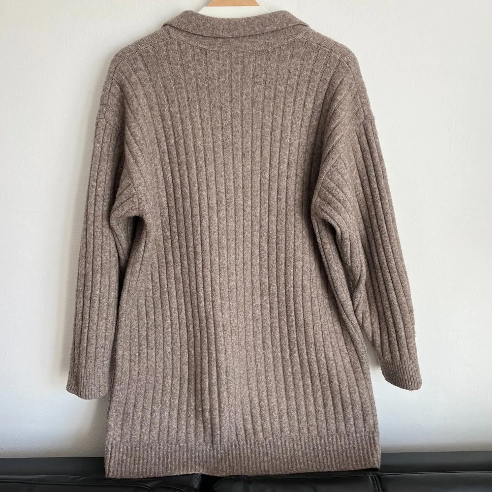 Husky V Neck Chunky Ribbed Knit Sweater Dress in Oat Brown - Image 5
