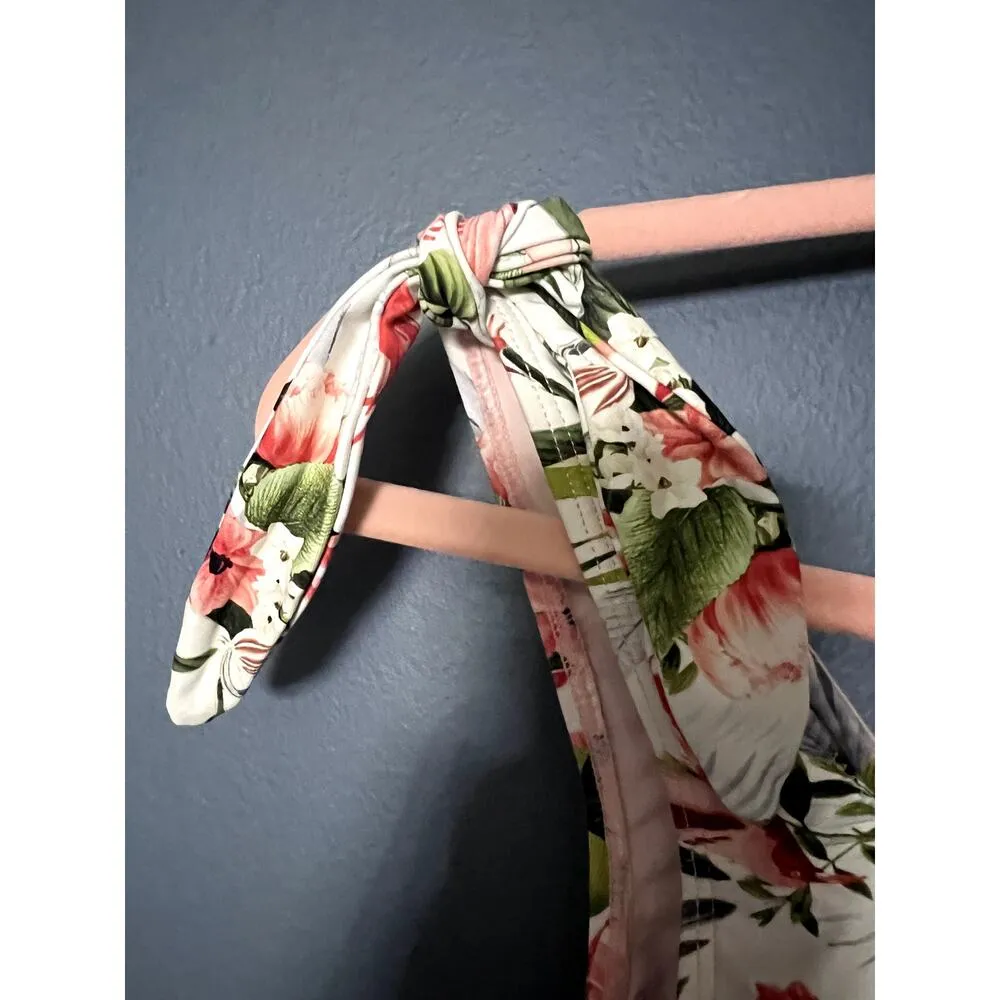 One Shoulder Knotted One Piece Swimsuit with Tropical Birds and Flowers White - Image 3