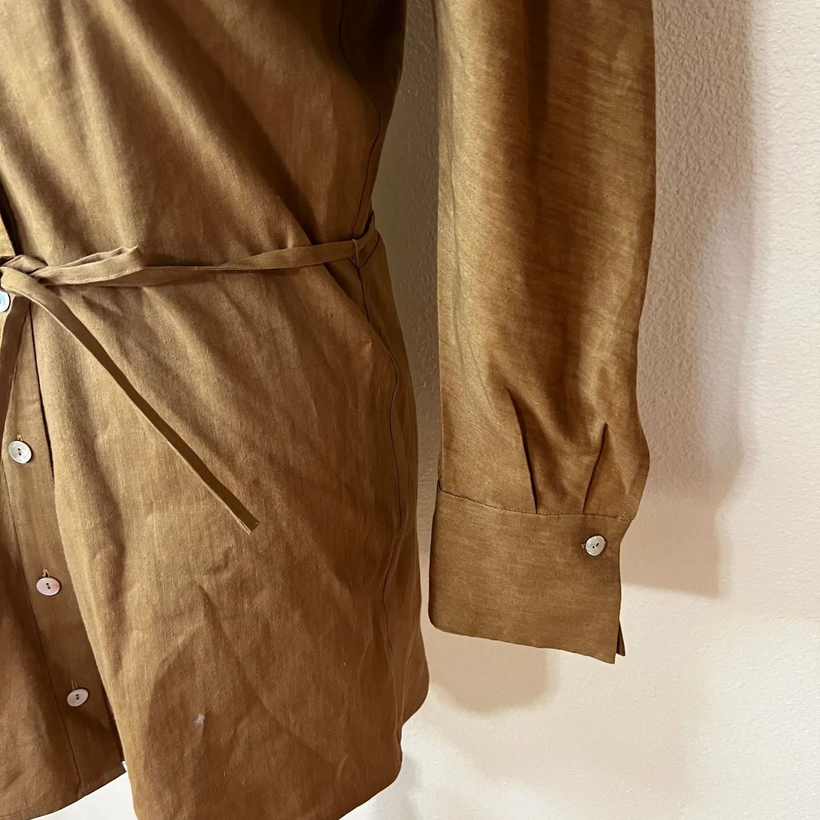 VINCE. Linen-blend mini shirt dress in tobacco tan WOMENS XS - Image 5