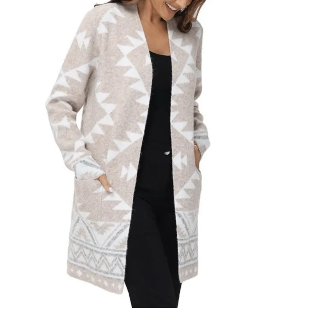 NWT Frye Ladies' Patterned Cardigan Sweater Oatmeal Combo M - Image 2