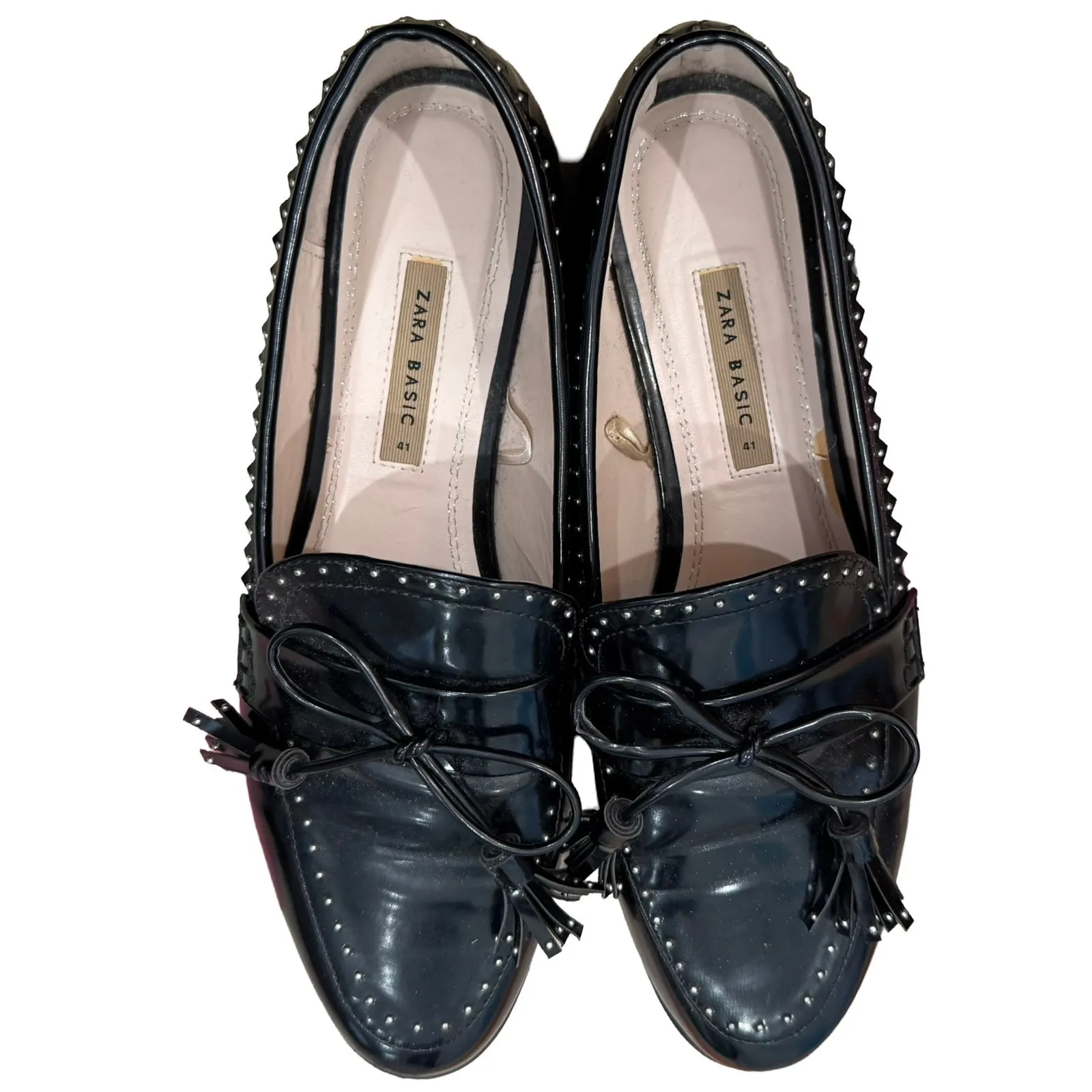 Zara Black Scalloped Studded Patent Leather Bow Chunky Heel Loafers Sz 41 / 10.5 - Image 2