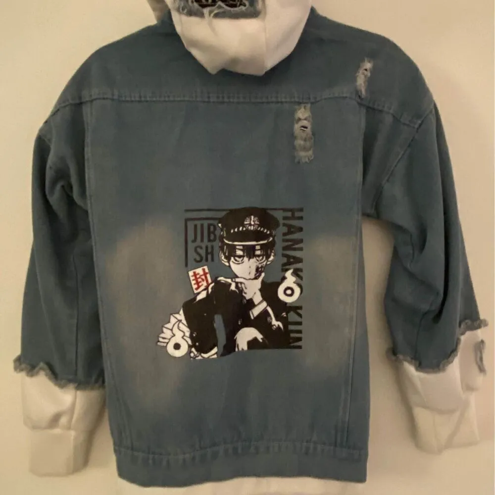 Denim Anime Embroidered Hoodie Jean Jacket Women's Size Small​ Blue - Image 5