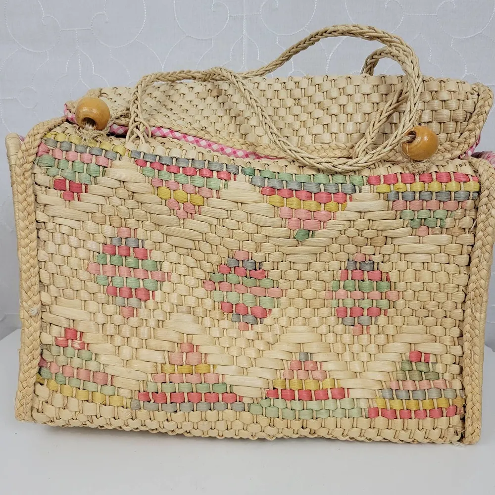 Vintage Woven Straw Seagrass Picnic Basket Bag Cotton Lined Beach Summer Day Out - Image 11
