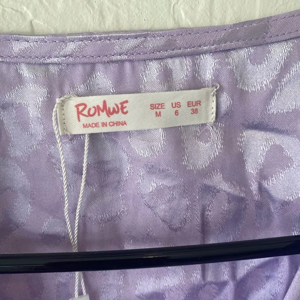 Romwe lavender lilac purple short sleeve printed crop tie up top shirt - Image 3