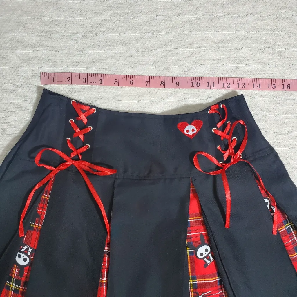 Hot Topic Skelanimals Plaid Contrast Pleated Skull Skirt Black Red ‎ Size SM - Image 8