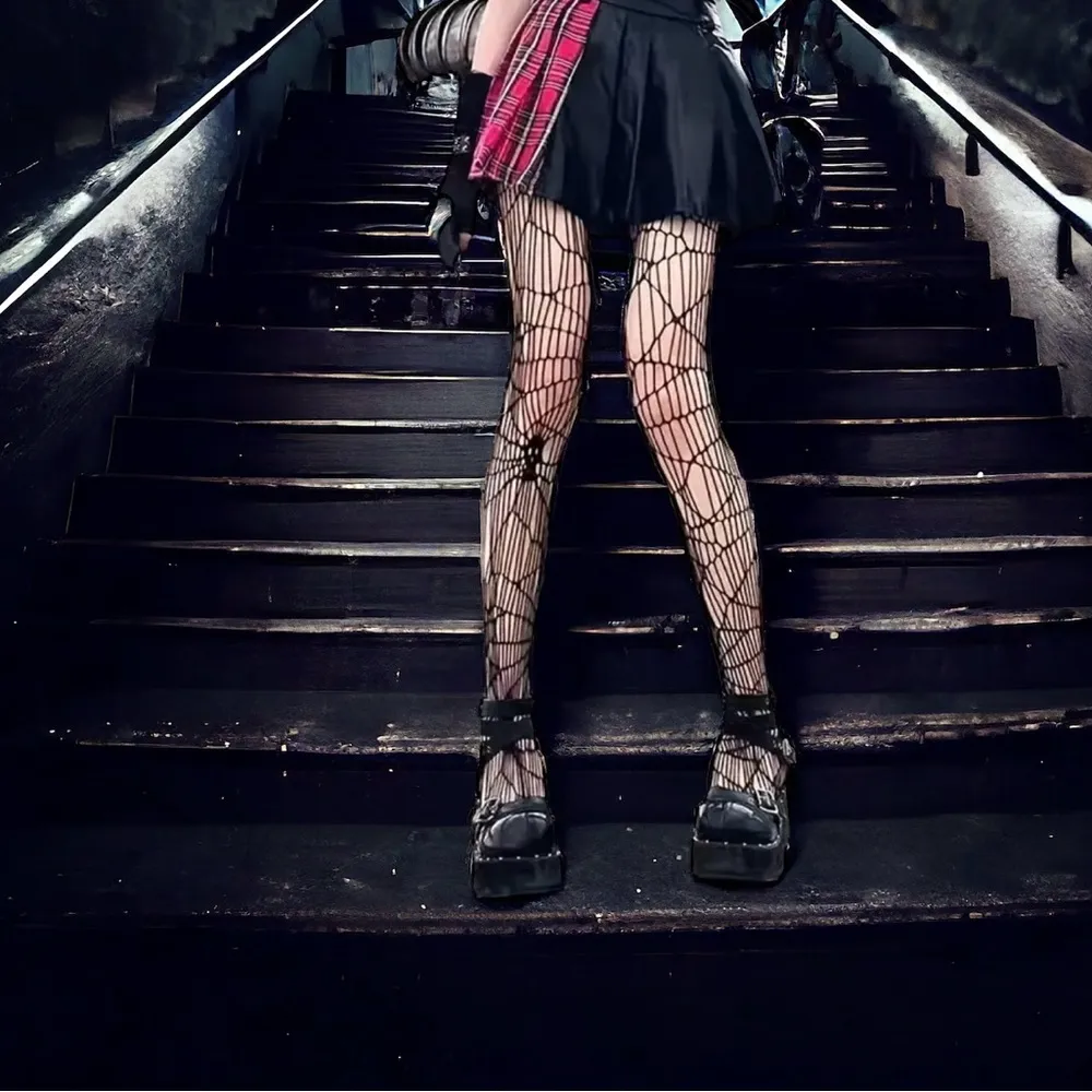 Black Gothic Skull Pattern Fishnet Tights Sexy Hollow Out Mesh Pantyhose OneSize - Image 3