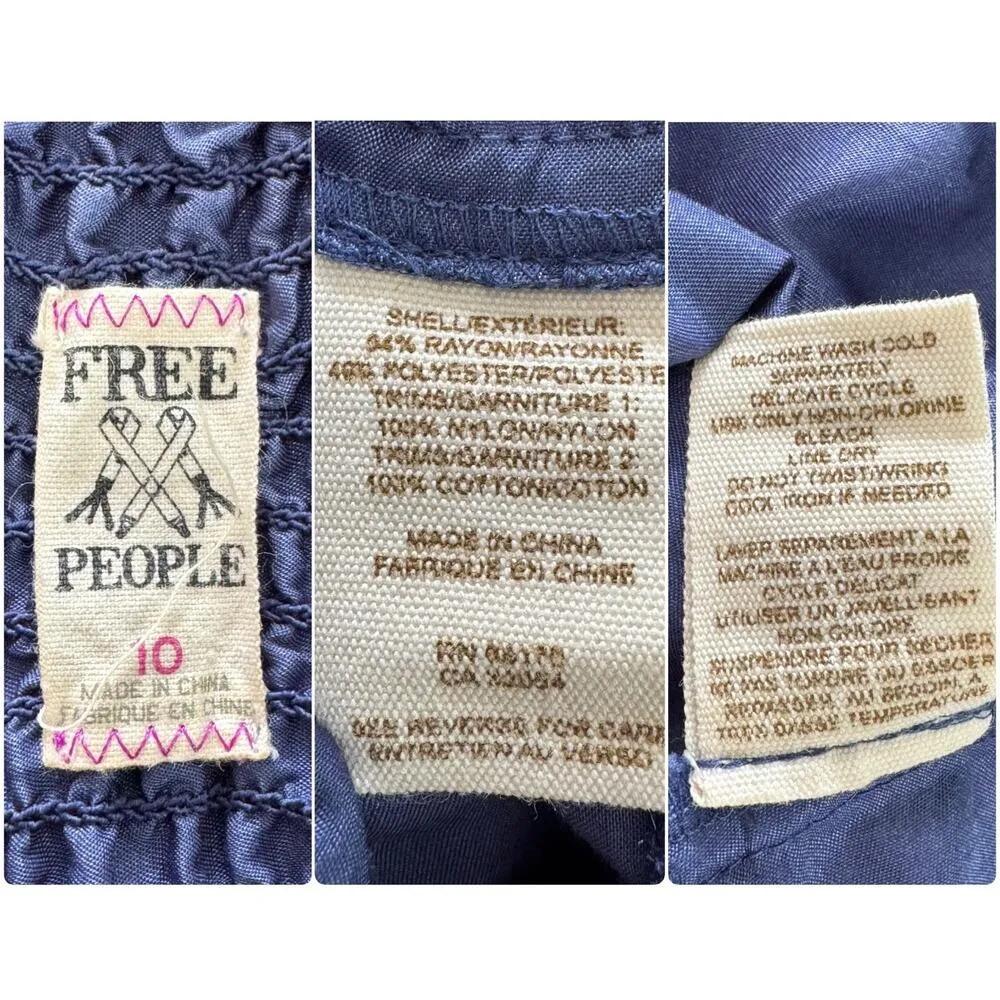 Vintage FREE PEOPLE Midi Dress Strappy Smocked Lace Eyelet Ruffled Navy Blue 10 - Image 11