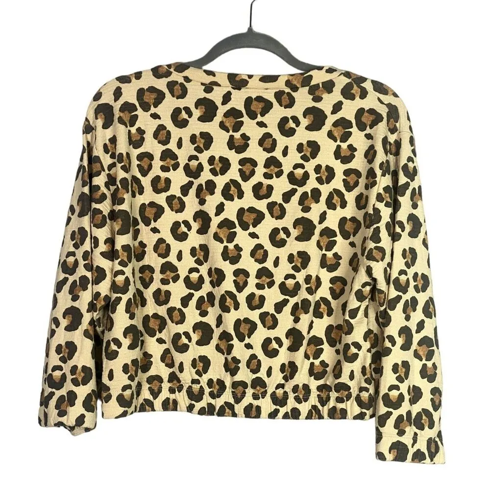 ZARA Leopard Crop Top Lightweight Long Sleeve Elastic Waist Round Neck M Cream - Image 5