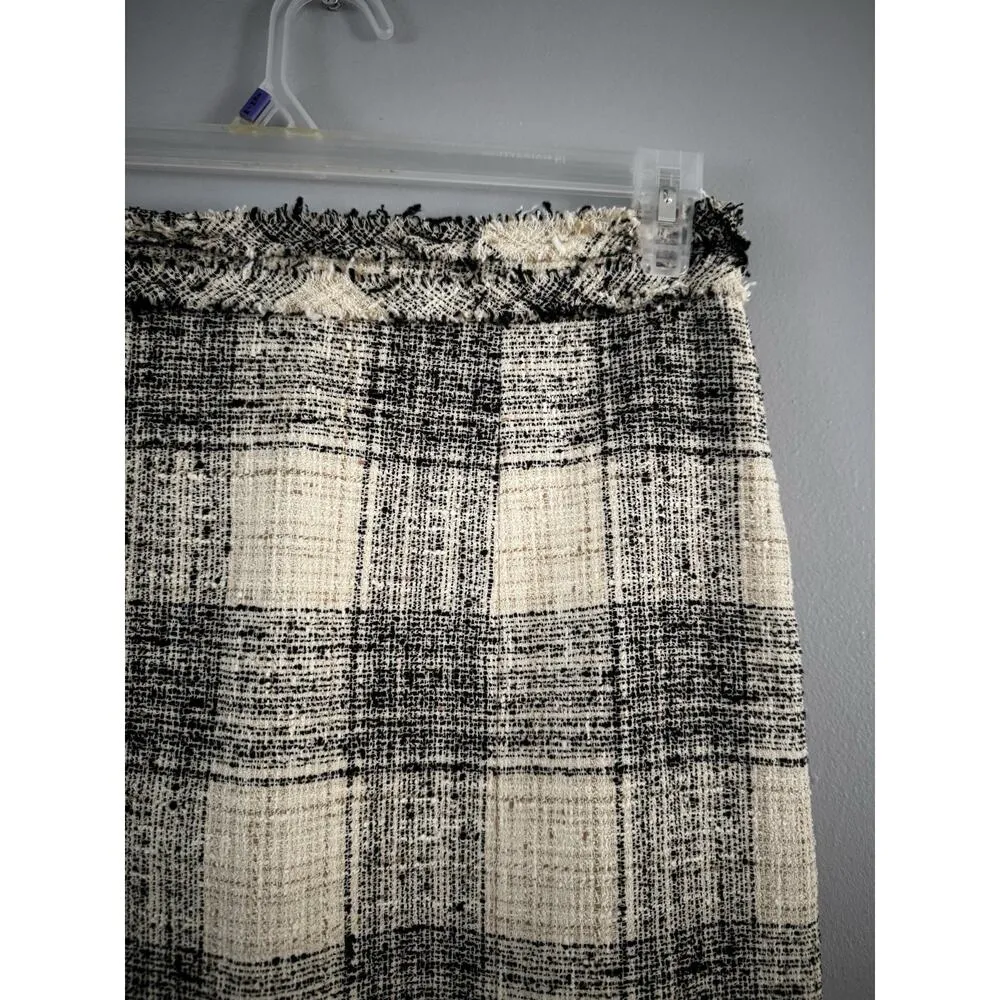 The Fold London Black Beige Tweed Plaid Midi Fringe Pencil Skirt Women’s Size 6 - Image 3