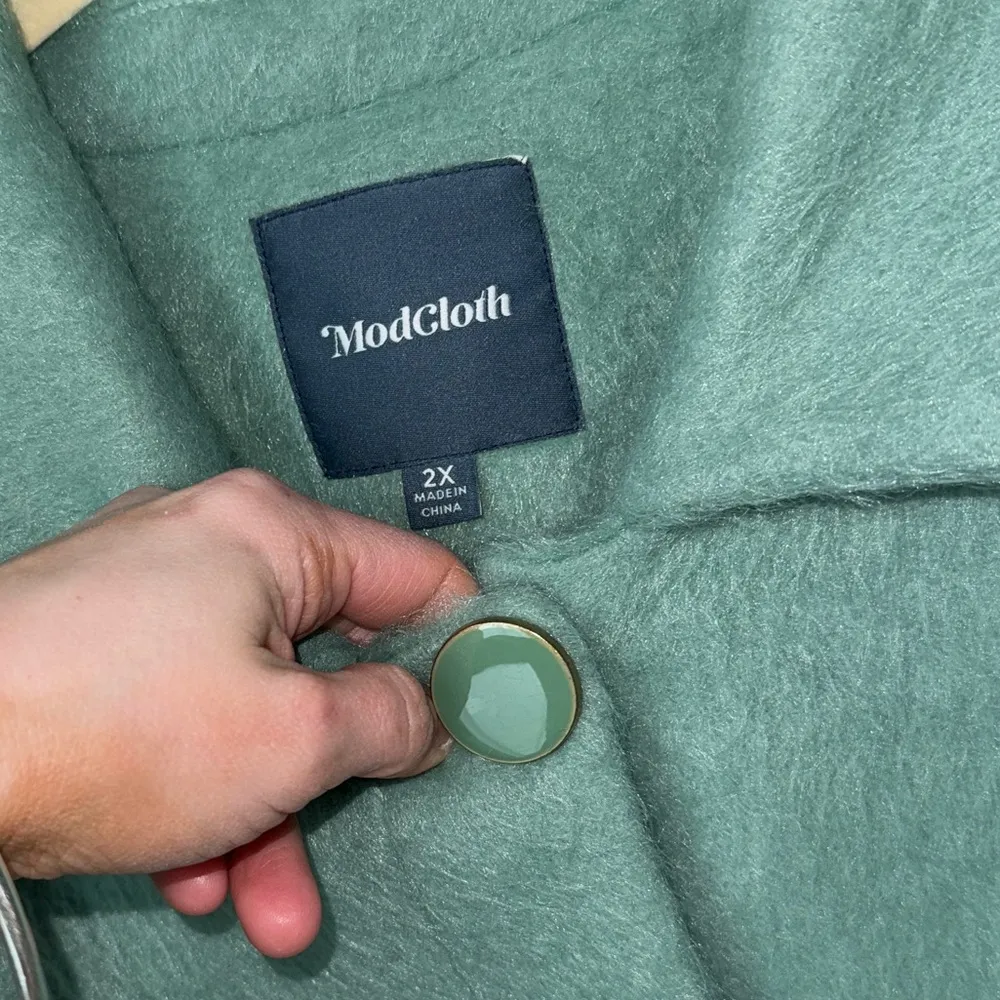 Modcloth coat jacket plus size lapel textured mint sage buttons midi curve pea - Image 4