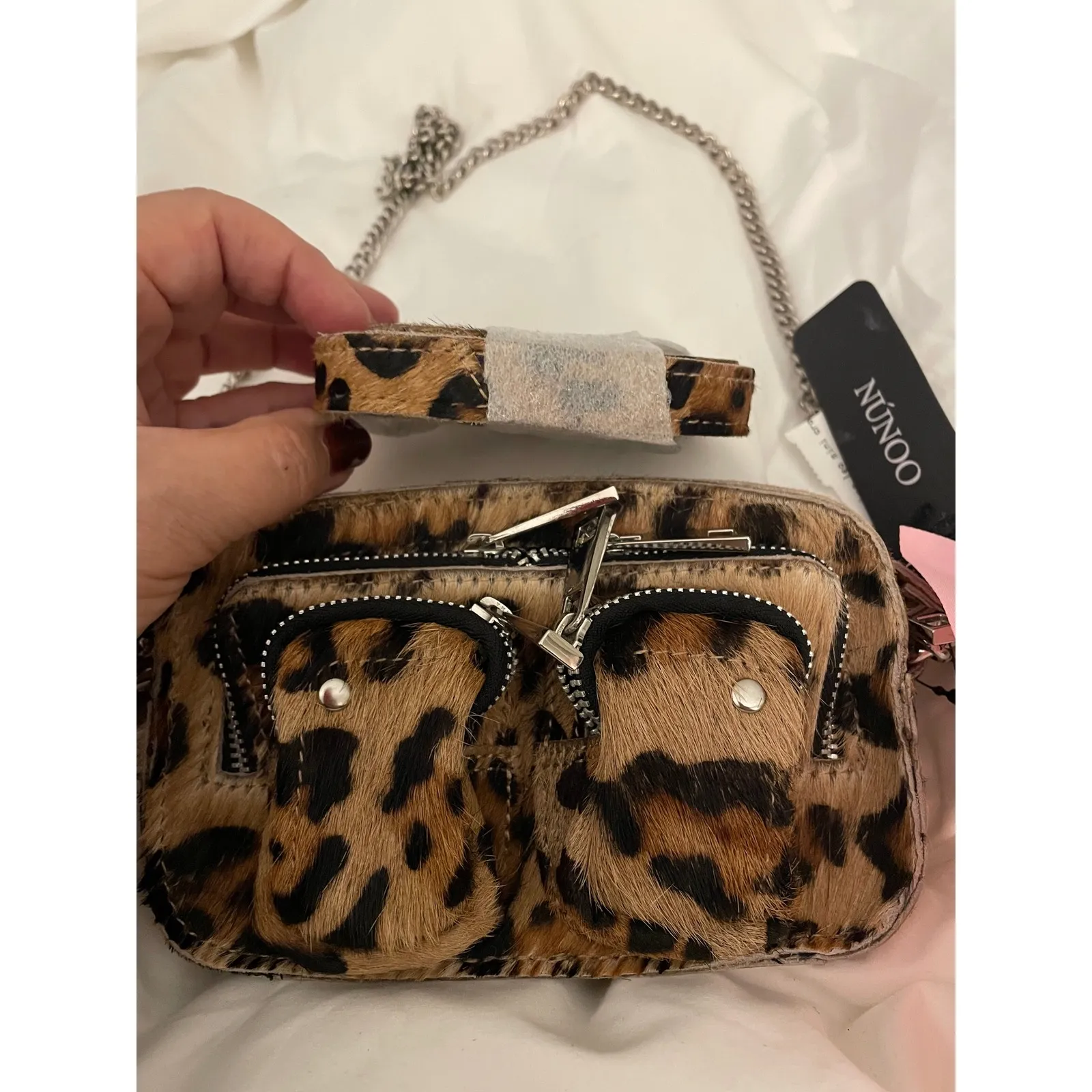 NUNOO Leopard Print Calf Hair Crossbody Bag Silver Tone Hardware NWT Brown - Image 5