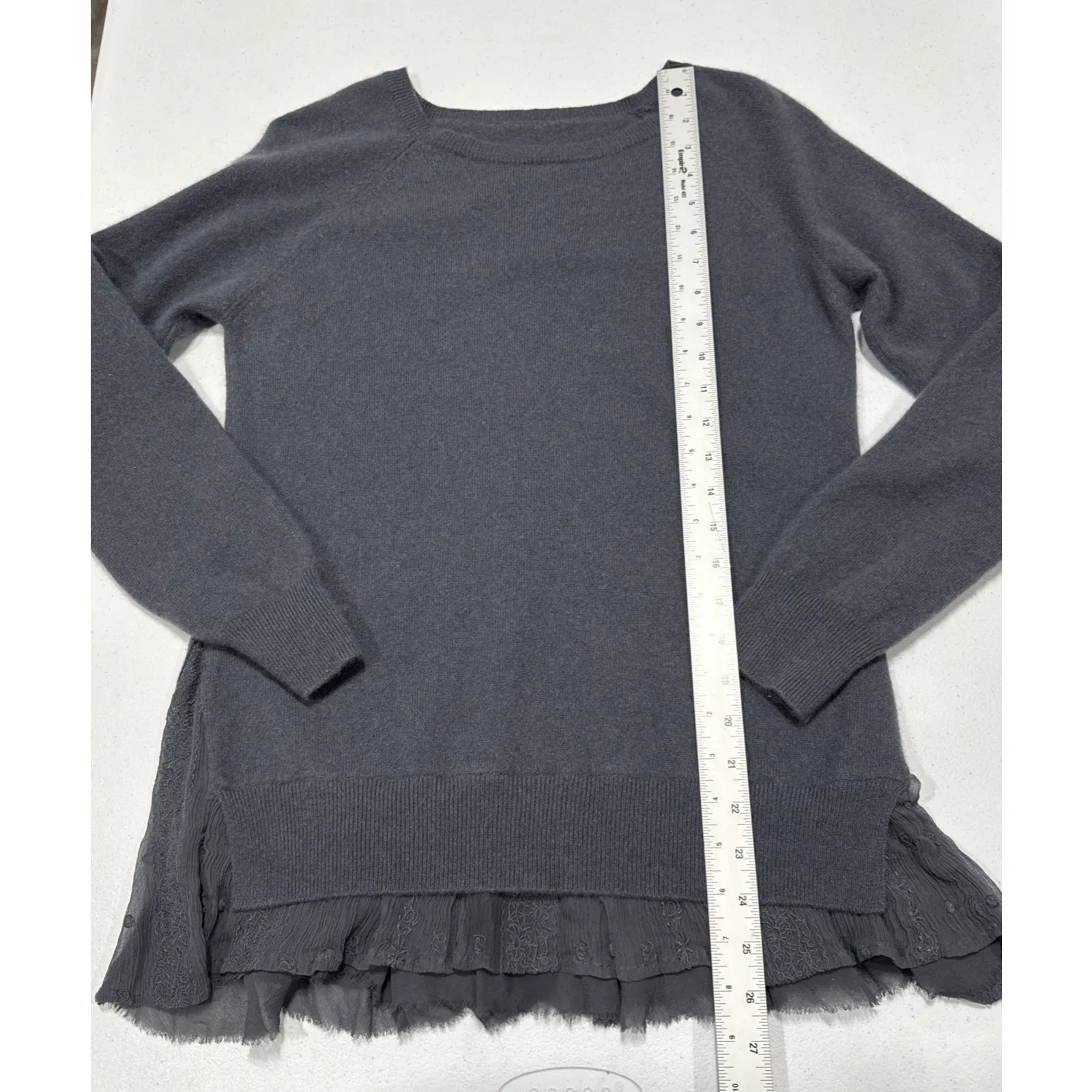 Garnet Hill Cashmere Pullover Sweater Womens S Lace Shirttail Long Sleeve Gray - Image 6