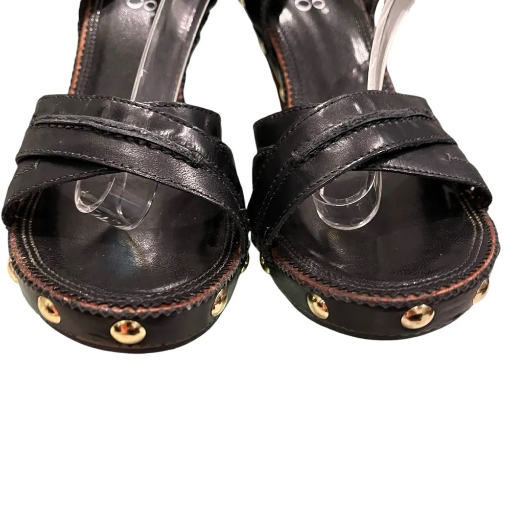 Franco Sarto Black Leather Ankle Strap Wood Heel Gold Tone Stud Sandals, Sz 6.5 - Image 10