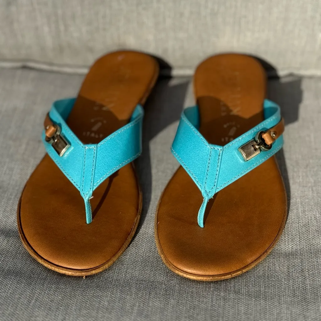Womens Italian Shoemakers Vale Low Wedge Thong Comfort Sandal Teal Gold Tan Sz 8 - Image 3