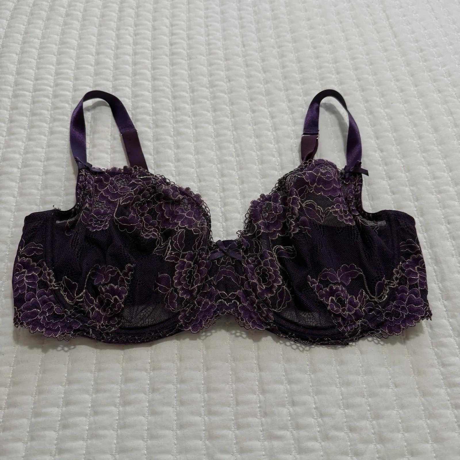 Cacique 40DDD Purple Floral Lace Metallic Unlined Balconette Bra Underwire - Image 11