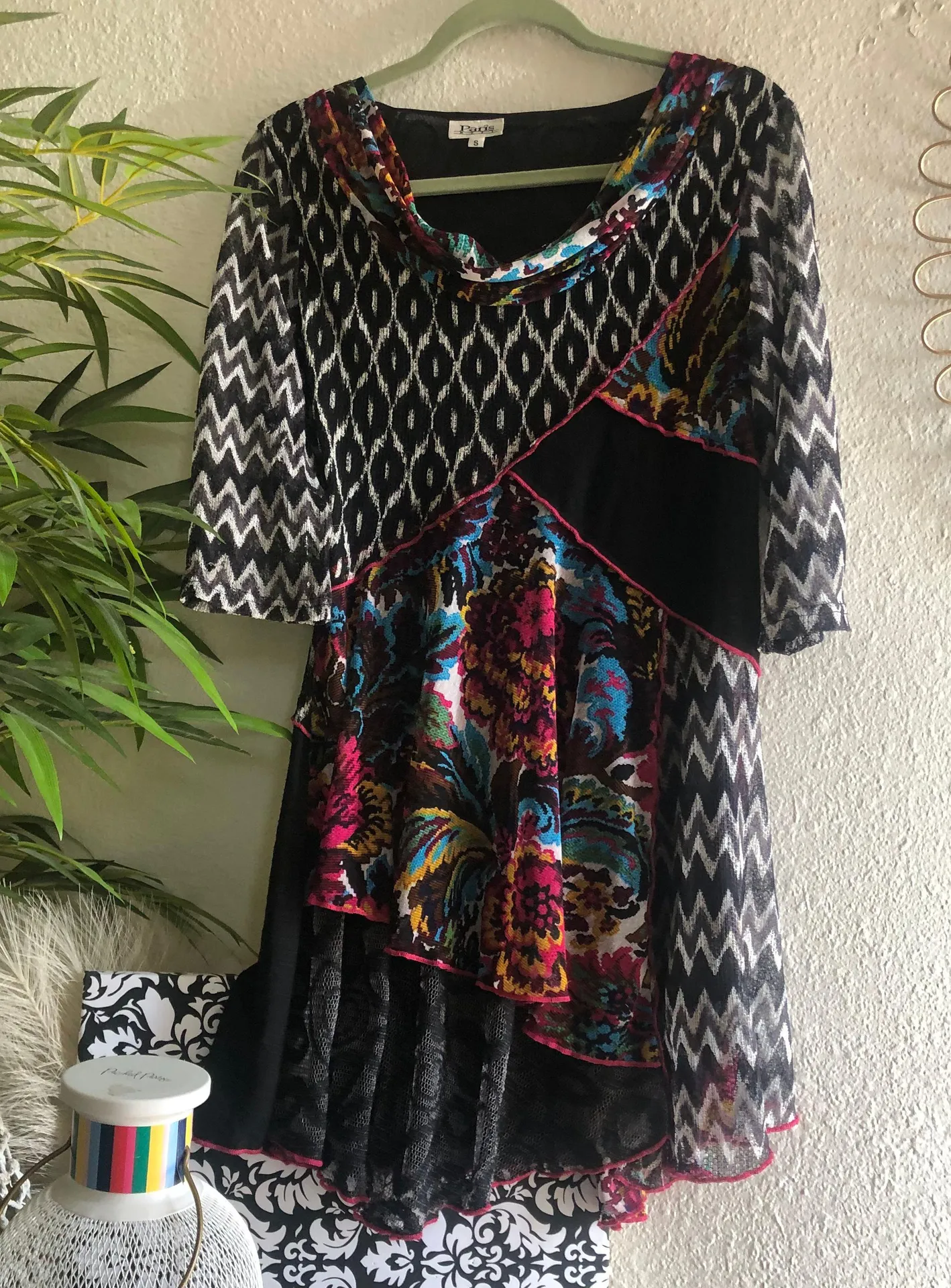 Vintage y2k Patchwork colorful 3/4 sleeve mesh lined dress with floral and geometric prints Multi - Image 4