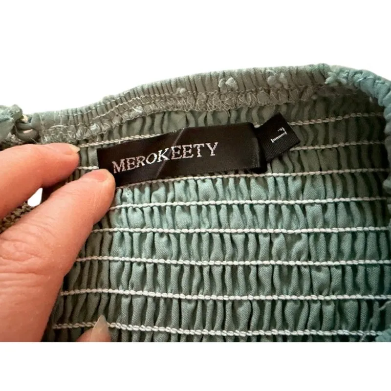 MEROKEETY Mint Green Smocked Bodice Tiered Midi Cottagecore Dress – Size Large - Image 6