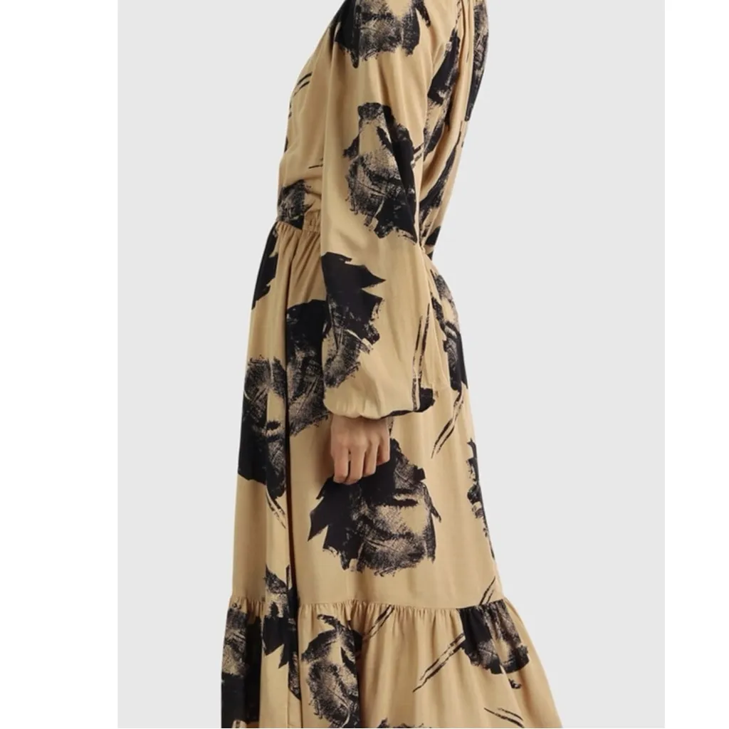 United Colors Of Benetton Black & Tan Floral Long Sleeve Midi Dress Size Large - Image 9
