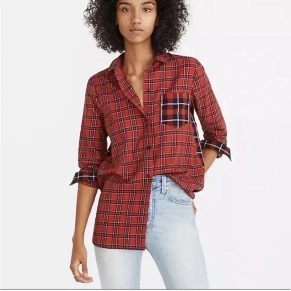 Madewell | Ex-Boyfriend Button Down Shirt Red Black Plaid Patchwork Size S - Image 2