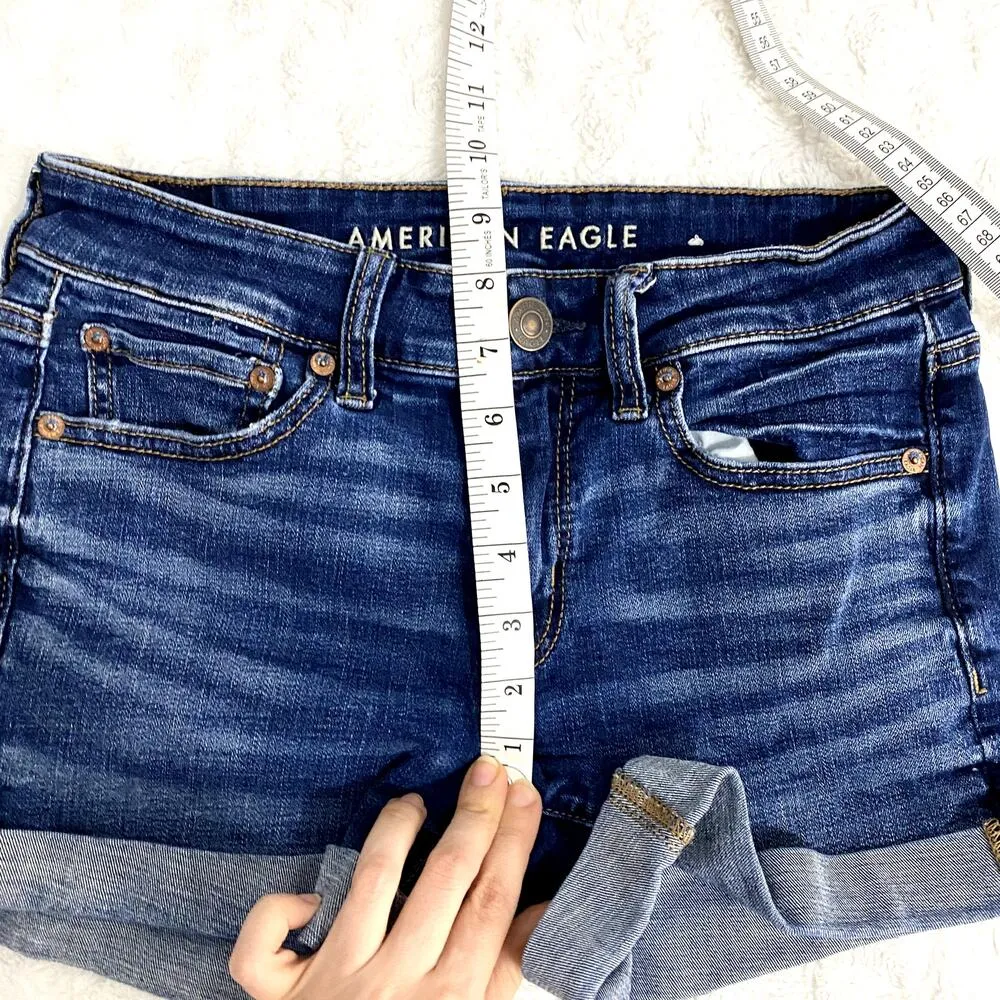 American Eagle Blue Dark Wash Denim Mid Rise 3" Summer Classic Midi Shorts 4 - Image 7