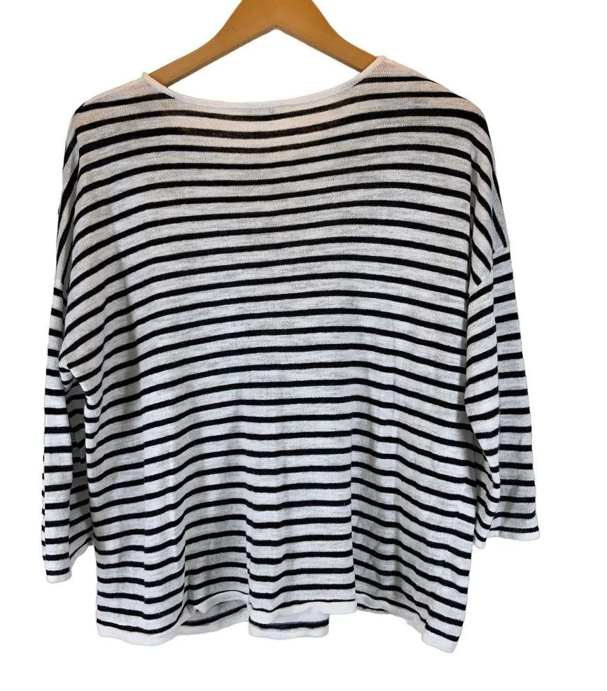 J. Jill | Medium | Linen Blend White & Black Striped 3/4 Sleeve Front Pocket Top - Image 8