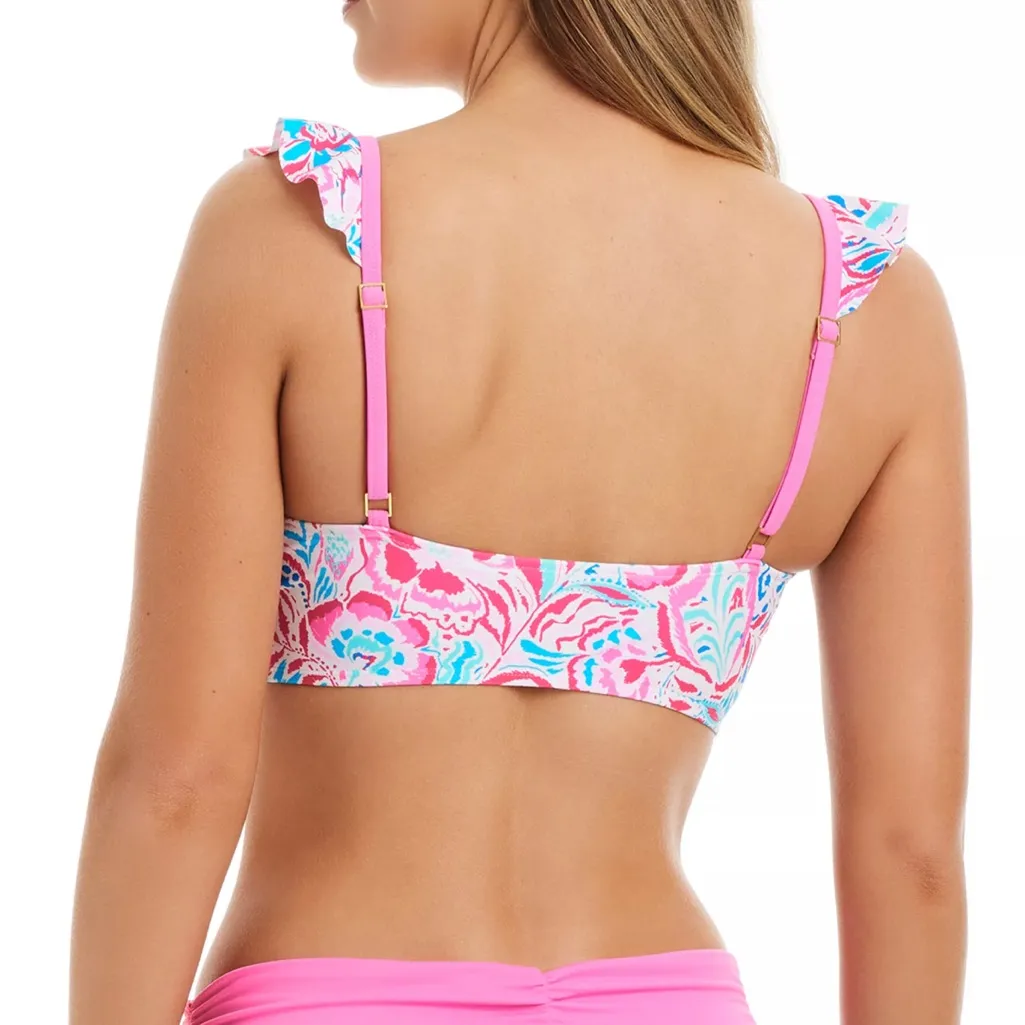 Into the Bleu by Amerex Pink/Blue Paisley Print Ruffle Neck Bra Swim Top NWT Blue Size 8 - Image 3