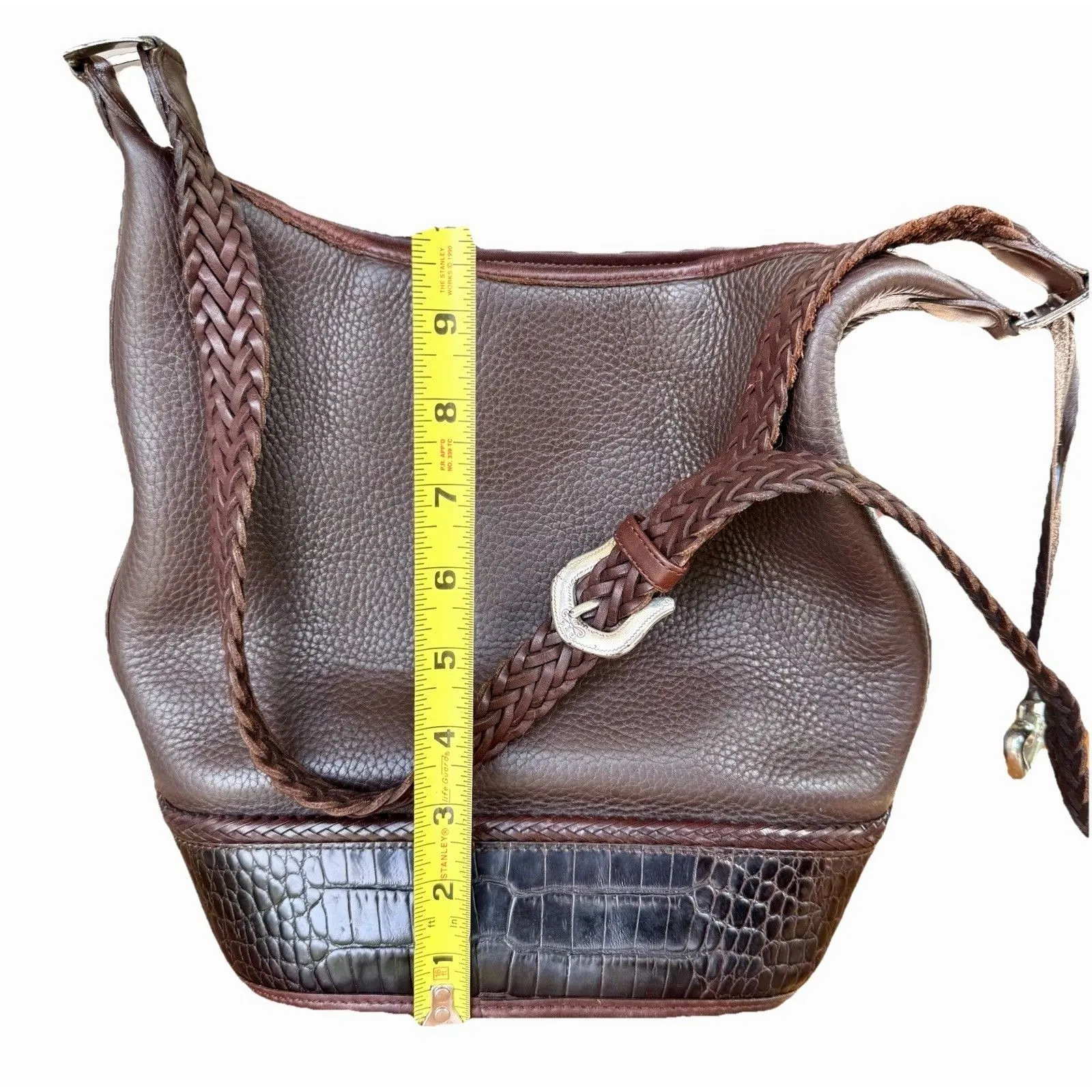 VINTAGE BRIGHTON BROWN LEATHER CROC EMBOSSED CROSSBODY BUCKET BAG - Image 8