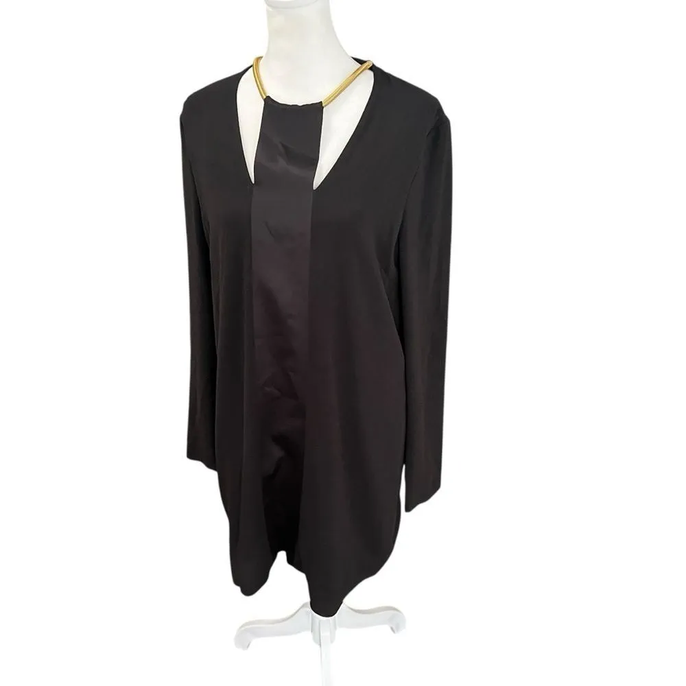 Halston Heritage Black Satin Tuxedo Mini Dress w/ Gold Necklace Sz 8 - Image 5
