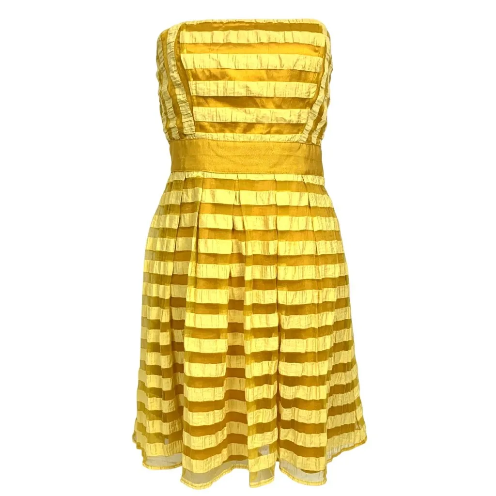 Yellow Strapless Crinkle Sheer Stripe Pleated Dress 6 Girly Flowy HOCO Pageant - Image 2