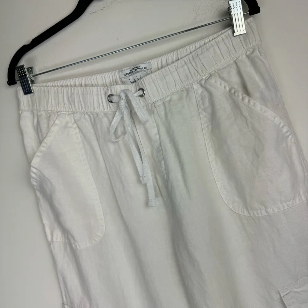 Nicole Miller 100% Linen White Cargo Straight Leg Tapered Pants Sz Large Fringe - Image 4