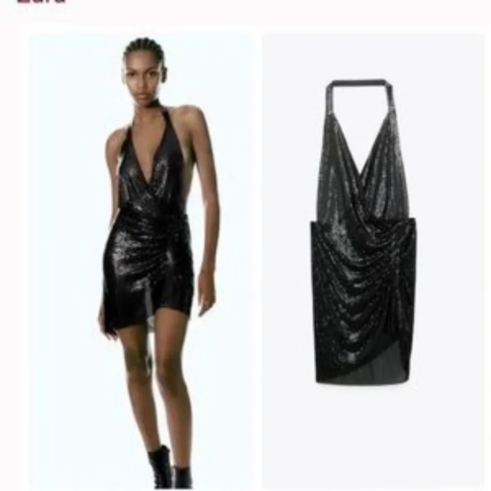 ZARA NEW BLACK METALLIC MESH RHINESTONE HALTER JEWEL MINI DRESS M-L REF 2855/205 - Image 2