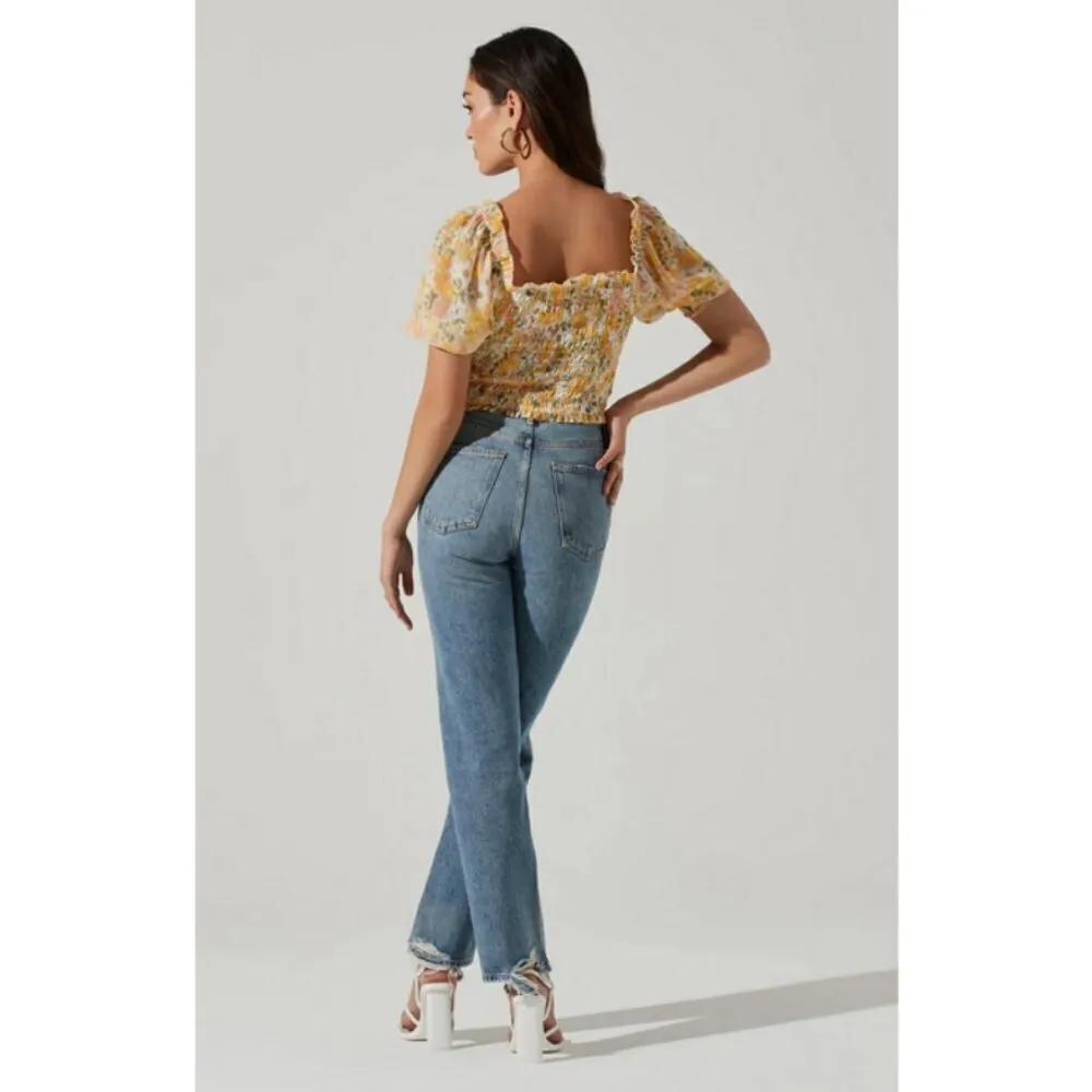 💕ASTR💕 Floral Smocked Half Sleeve Top ~ Yellow Pink Floral Print Large L NWT - Image 6