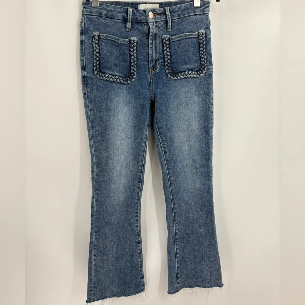 Dear John Boutique Blue front Stretch Beaded Trim Pocket Jeanne Flare Jeans 27 - Image 2