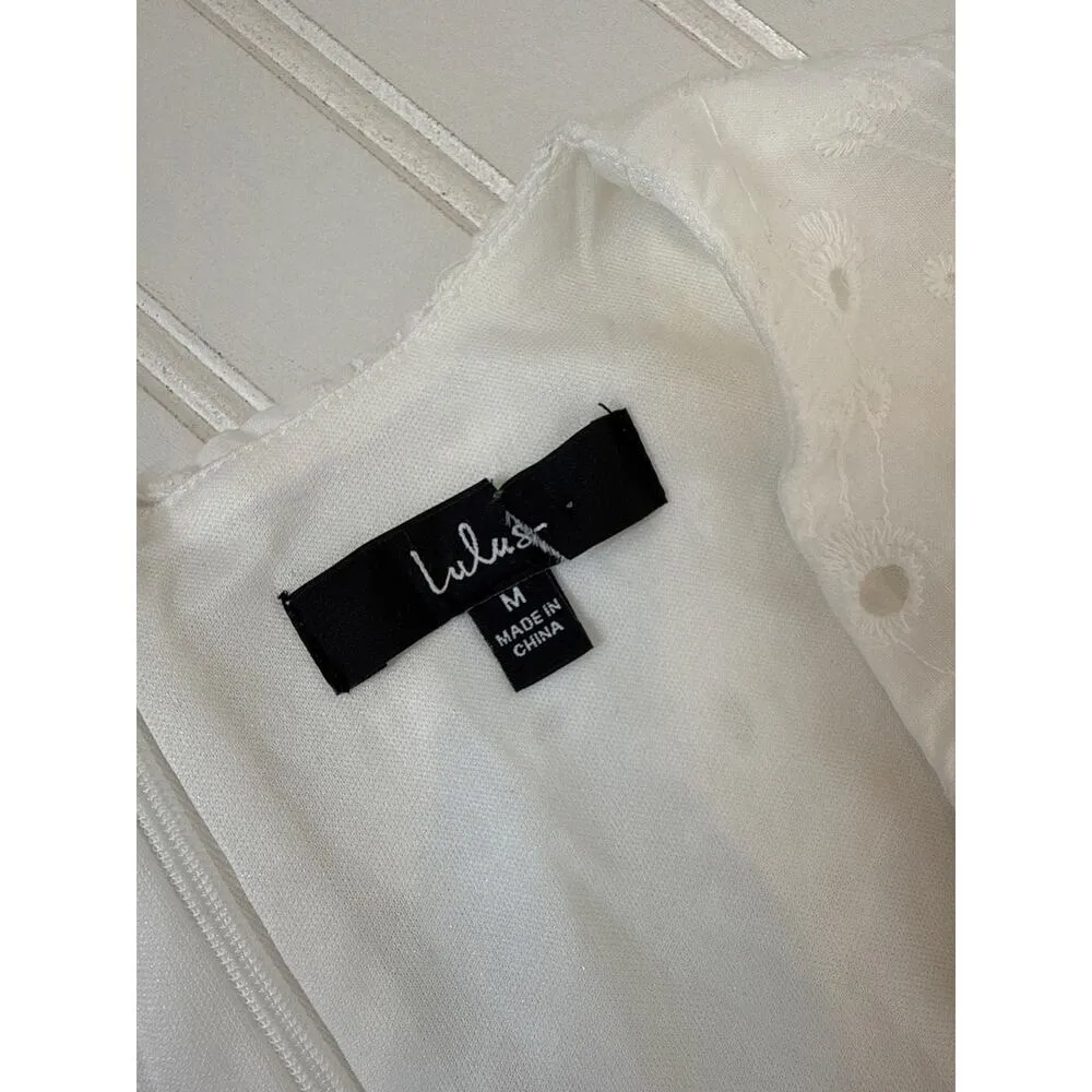 NWOT Lulus Flirtatious in Florence White Ruffled Eyelet Cotton Mini Dress Size M - Image 4