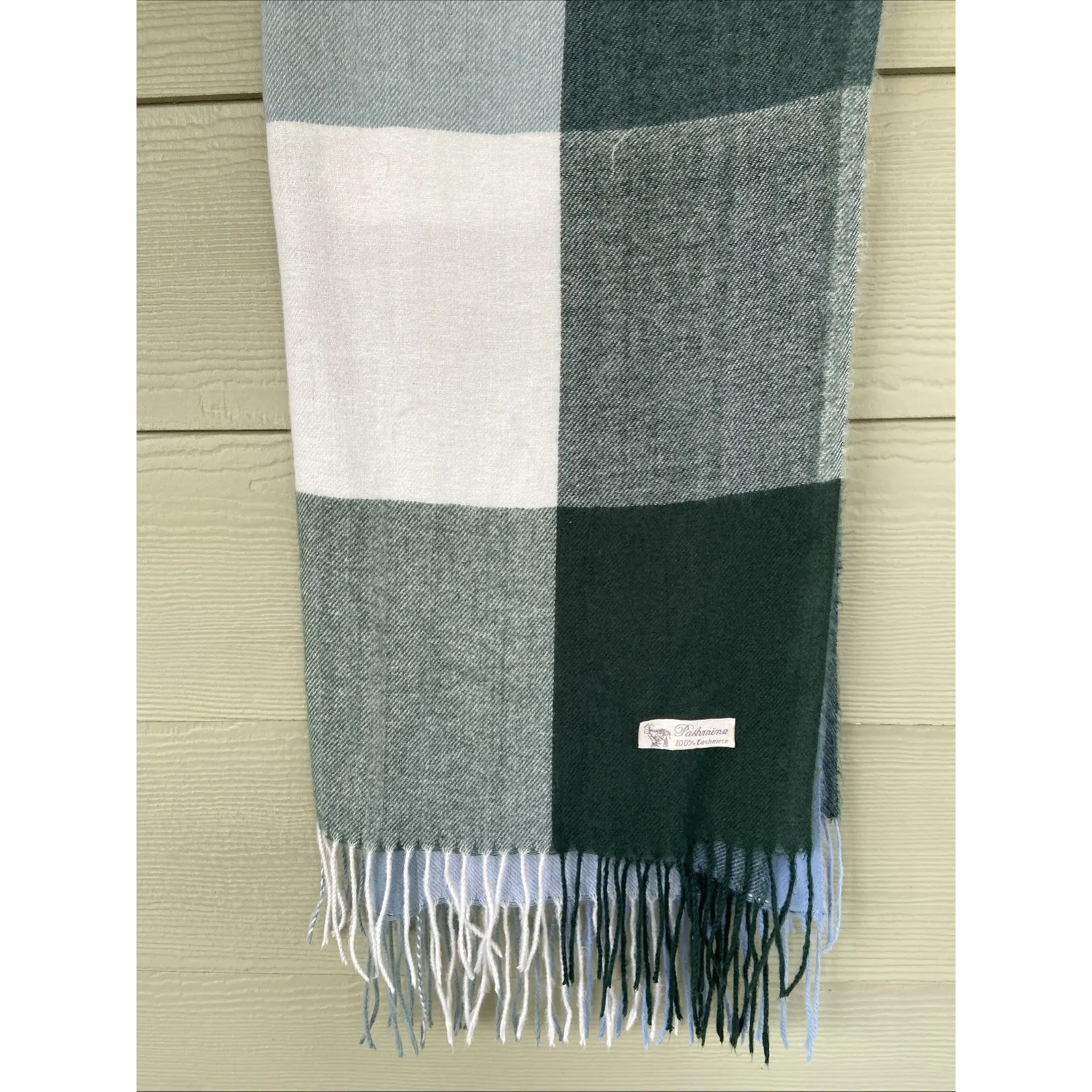 Pashmina Blue Green Plaid 100% Cashmere Fringe Scarf Outerwear Womens Accessory - Image 3