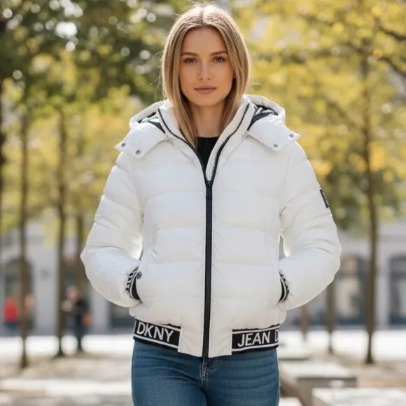 NWT $199 DKNY Jeans Women's Superwet Logo-Band Puffer Jacket Small White Black - Image 2
