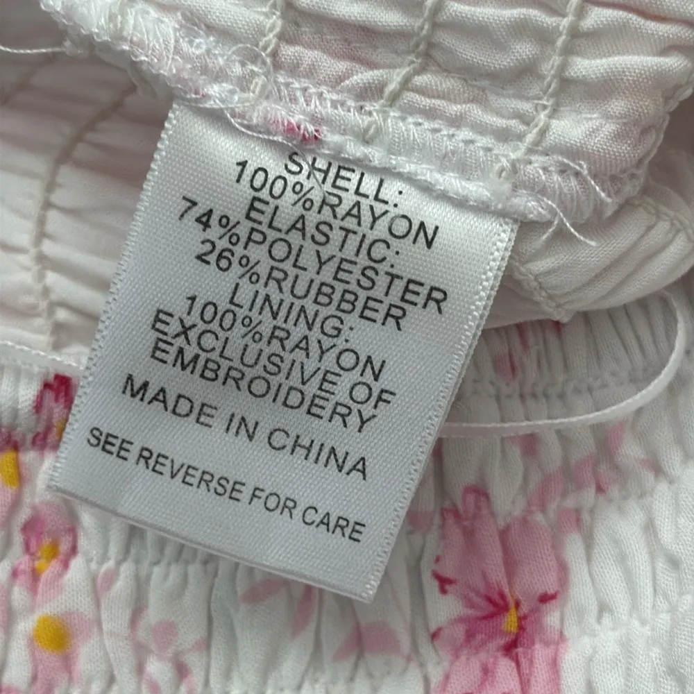 Lucy Paris White Eyelet Pink Floral Smocked Waist Ruffle Hem Mini Skirt - Image 4