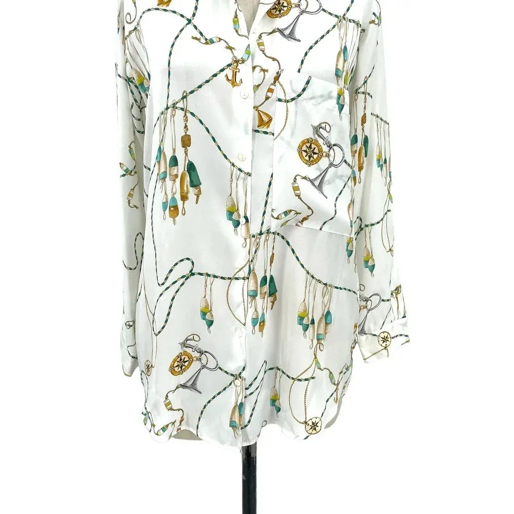 Zara Button Down Nautical Chain Printed Long Sleeve‎ Blouse White Size Small - Image 7