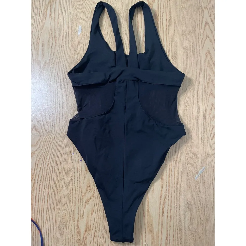 B22 New Womens Mapale 1pc Swimsuit or Bodysuit Sheer Low Cut Vneck & Sides Sm/Md Black - Image 3