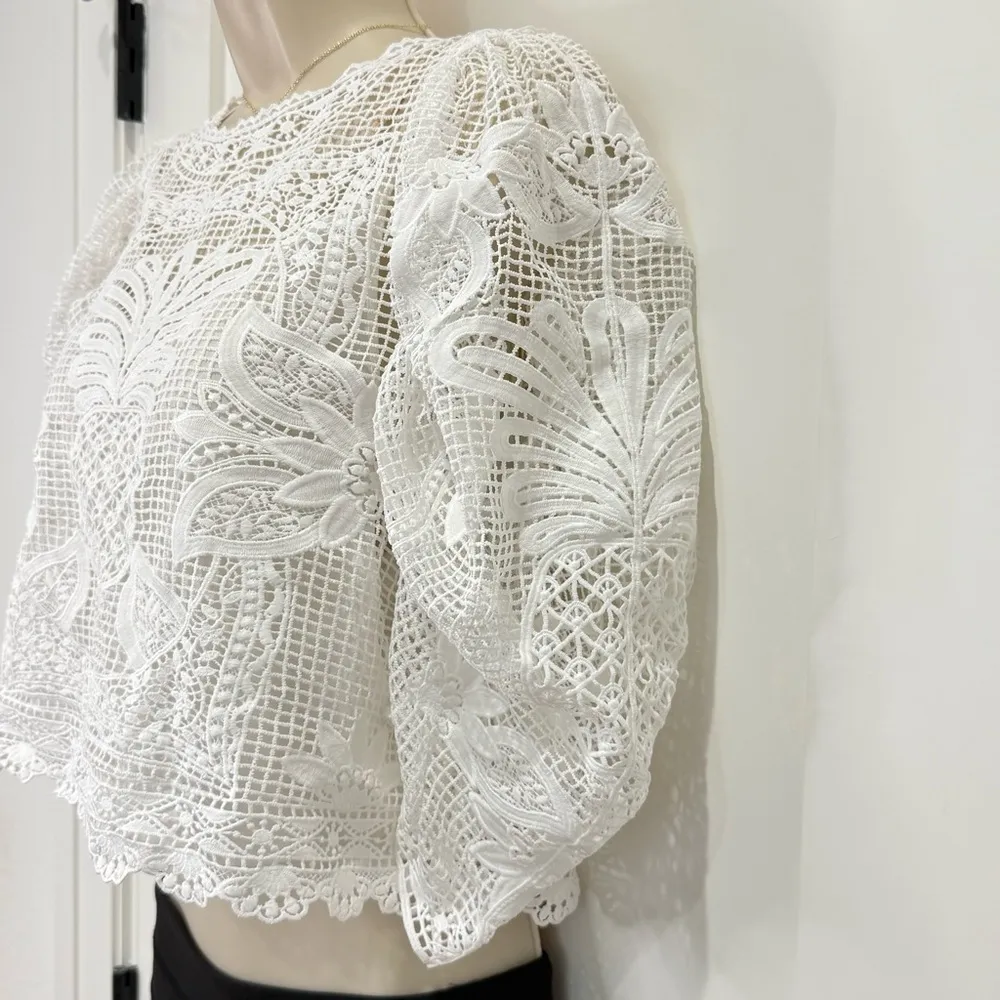 NWT Farm Rio Guipire Short Sleeve Blouse Size XS White Crochet Pineapple Beachy - Image 6