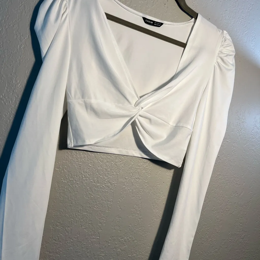 SHEIN White Ruched Long Sleeve Crop top Blouse Wide Neck Sz S T-shirt Y2K - Image 3