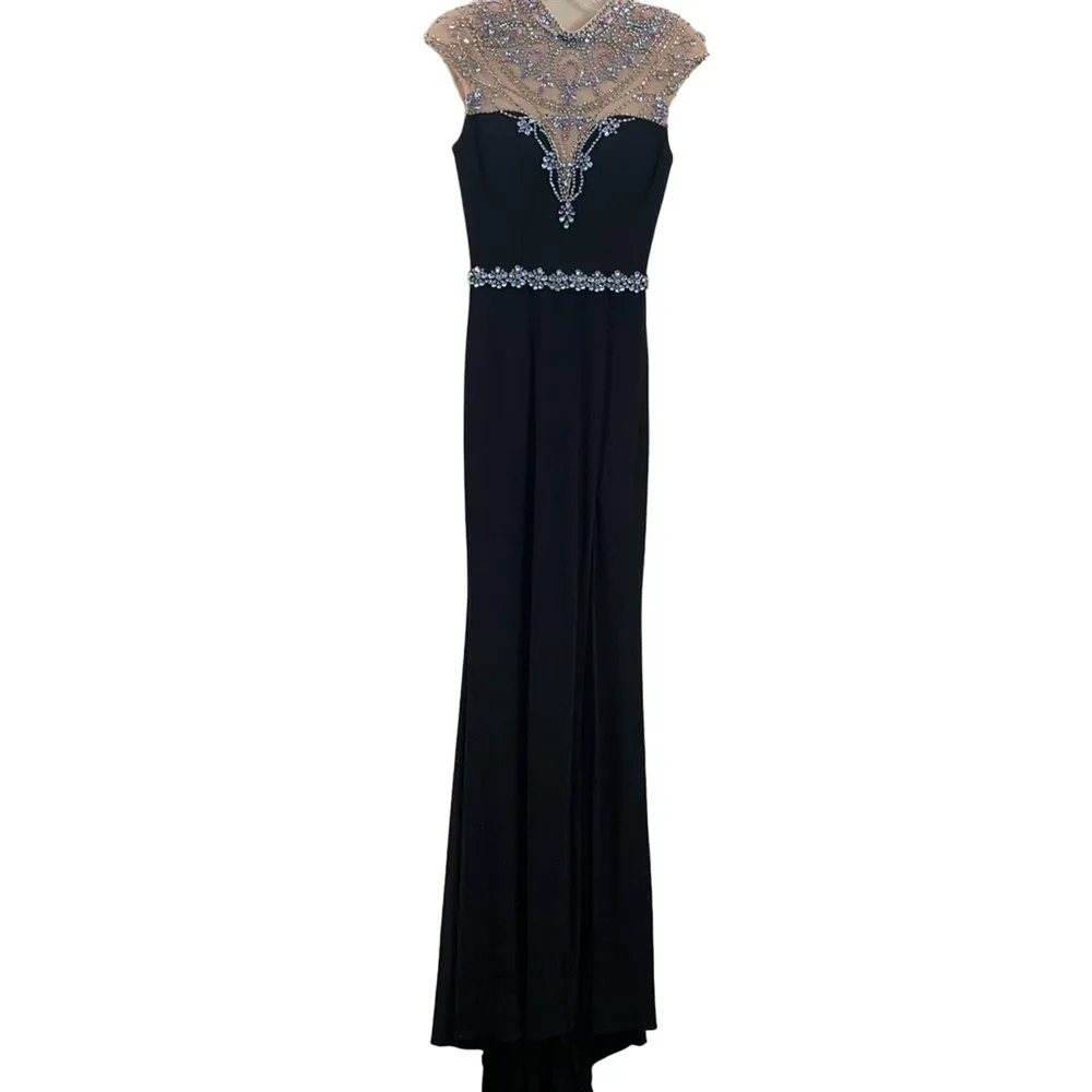 MAC DUGGAL Prom Floral Jeweled High Neck Side Slit Black Gown - Image 2