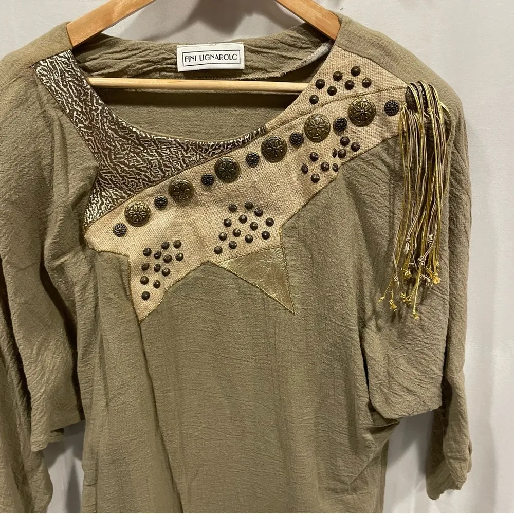 Funky Vintage 80’s oversized luxury boutique linen embellished dress chunky belt Tan Size M - Image 10