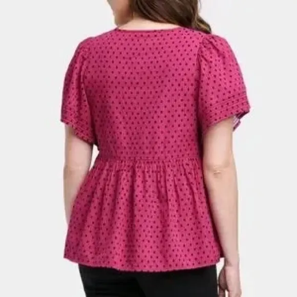 Knox Rose Embroidered Flutter Shortsleeve Top Valentine’s in Polka Dots Pink M - Image 2