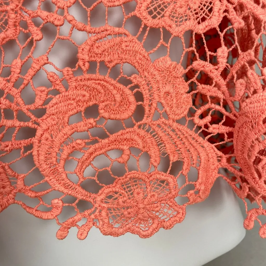 Lace Crop Top Peach Pink‎ Short Sleeves Women Scalloped Delicate Overlayer Piece Pink - Image 9