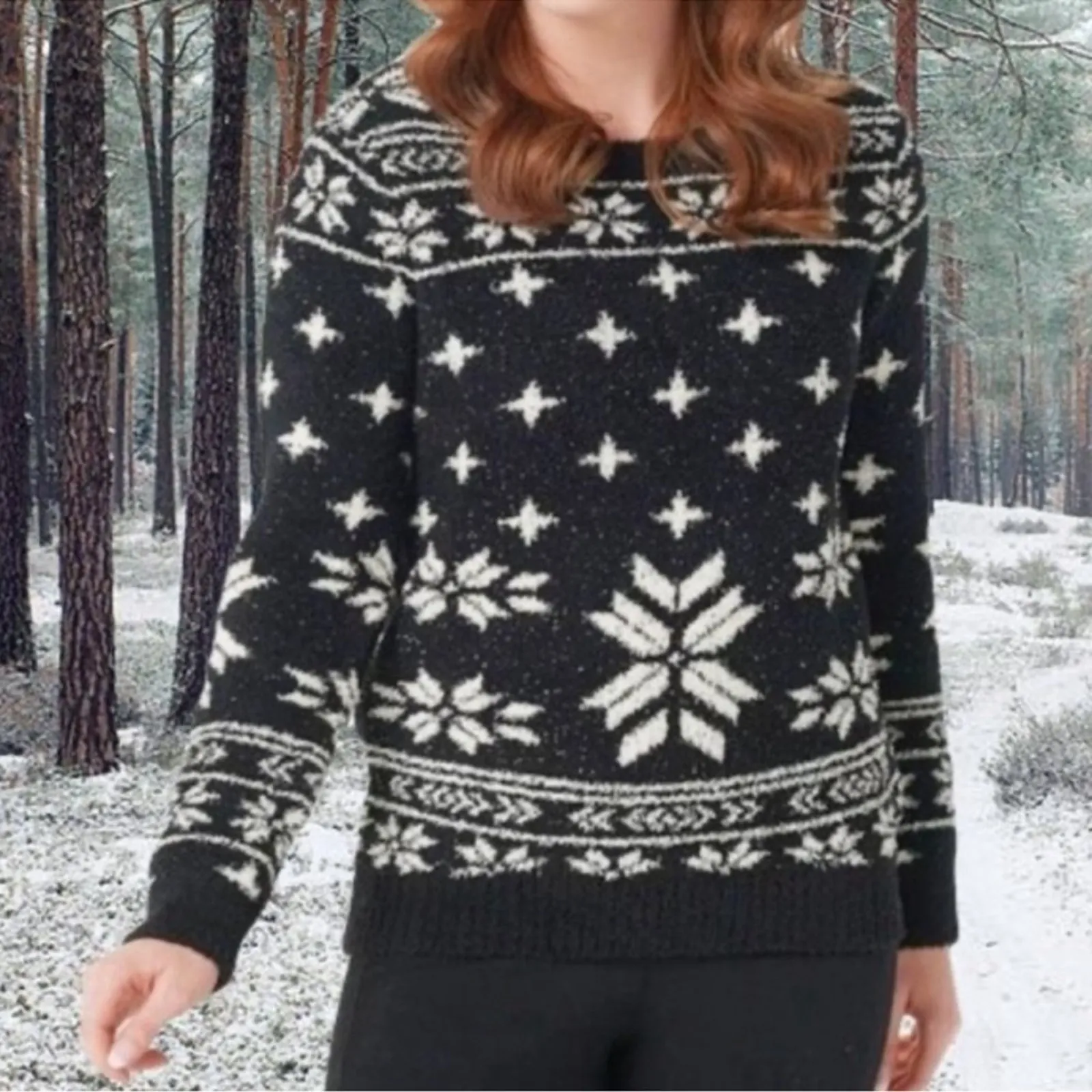 Barefoot Dreams CozyChic Seaside Pullover Black Fair Isle Sweater Large - Image 2