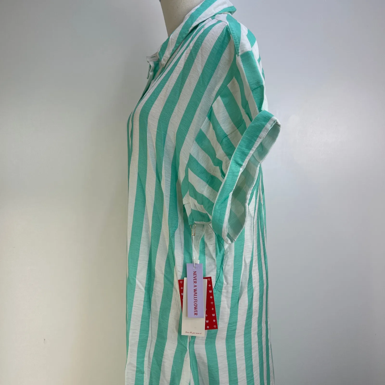 Never A Wallflower Aster Short Sleeve Shirt Dress Stripes Green Midi Size M - Image 5