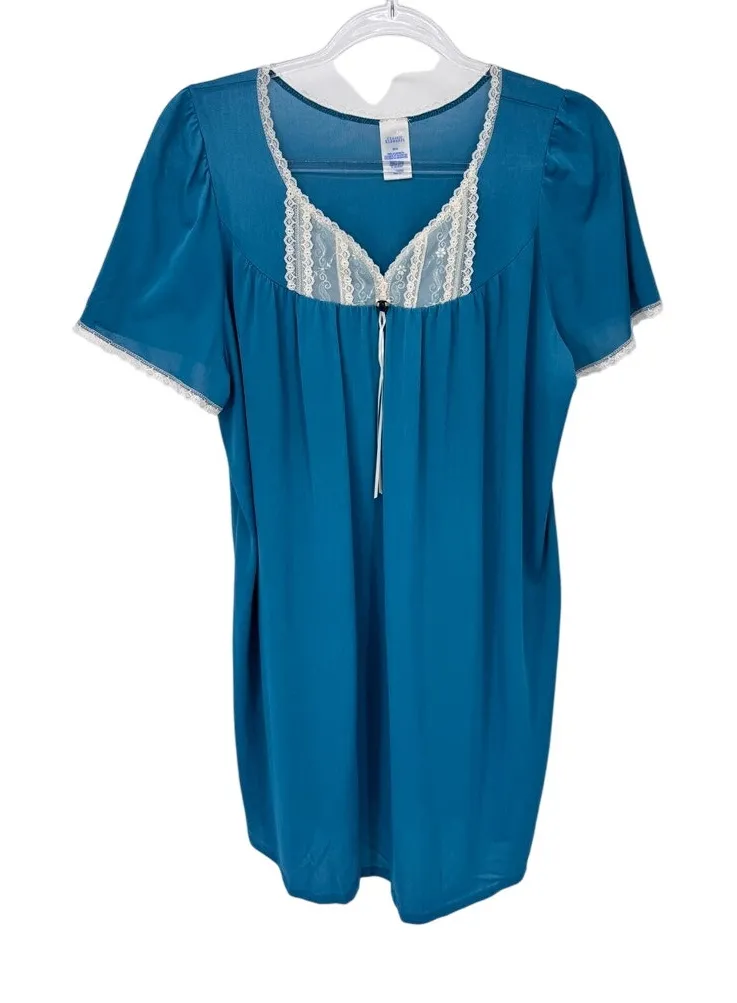 Vintage Classic Elements Nightgown Womens Medium Blue Satin Nylon Lace Trim - Image 1
