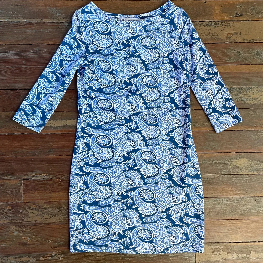 Gretchen Scott Magpie Plentiful Blue Paisley Boat Neck Dress Sz 0/2 Shrimp 💚🎀 - Image 8